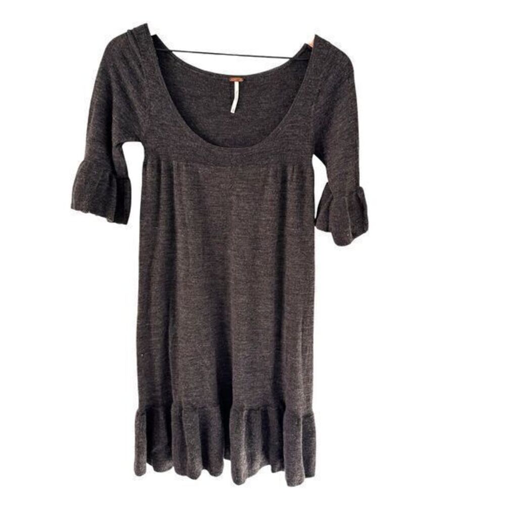 Free People Grey Wool Scoop Baby‎ Doll Short Sleeve Boho Sweater Dress Size S